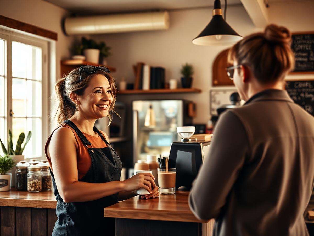 A local coffee shop owner welcoming a customer at the counter