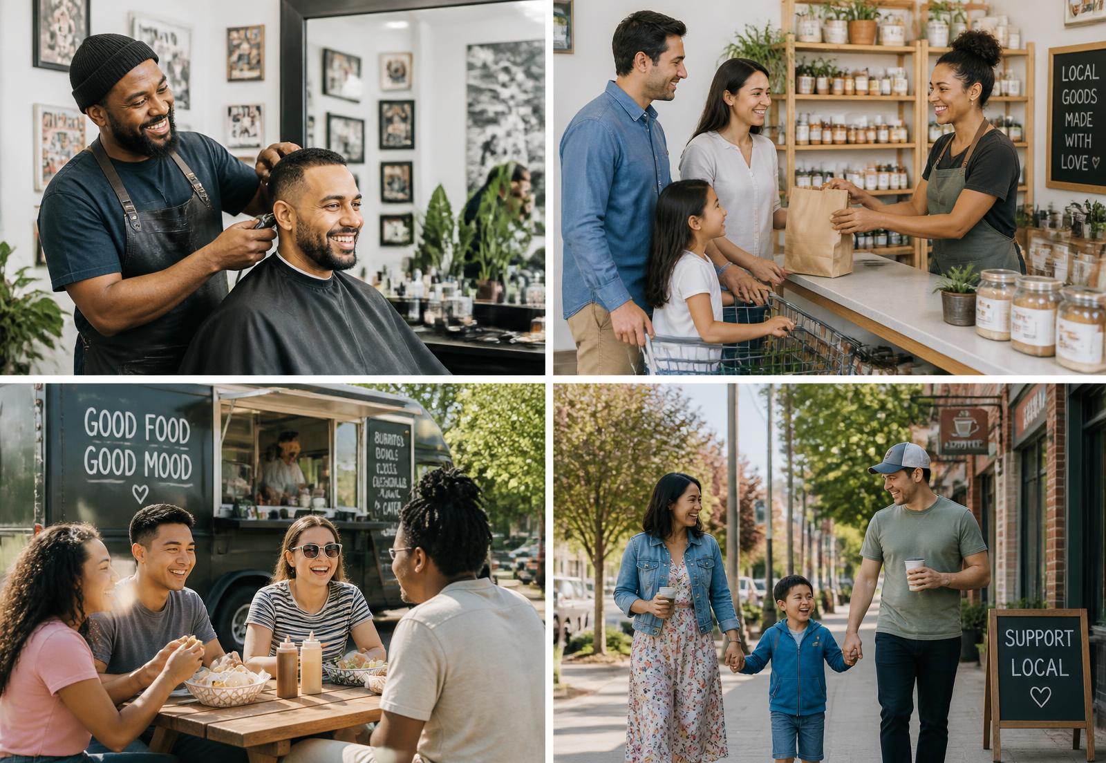 Neighbors visiting local barbers, shops and food trucks in their community